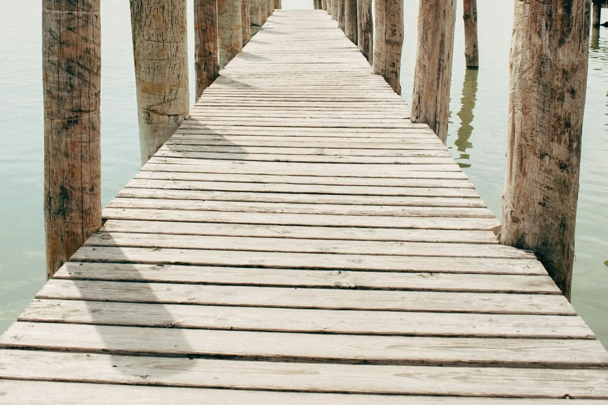 A timber dock running between weathered pilings